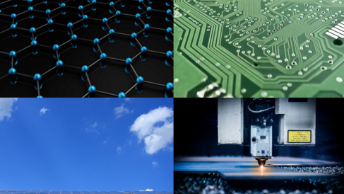 Montage showing a graphene structure, electronic chip, solar panel and precision instrument.