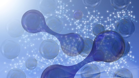An abstract drawing of hydrogen molecules shown as pairs of balls connected by a bar floating around