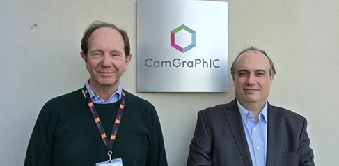 Two men standing in front of a building name sign.