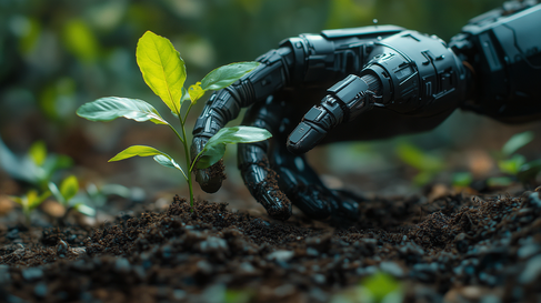 A robotic hand reaching out to touch a seedling.