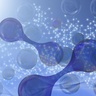 An abstract drawing of hydrogen molecules shown as pairs of balls connected by a bar floating around