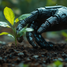 A robotic hand reaching out to touch a seedling.
