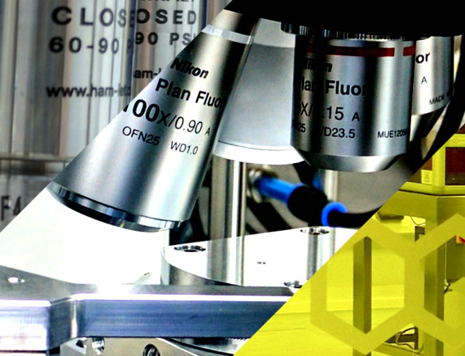 Image collage of cleanroom facilities showing a microscope and the CGC logo